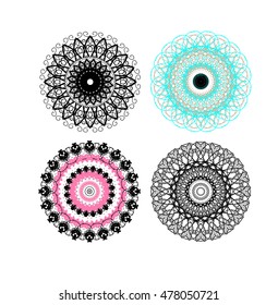 Set of 4 round ornaments in the style of mandalas. Ornament color card.