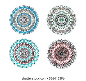 Set of 4 round ornaments in the style of mandalas. Mexican style. Ornament color card