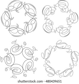Set of 4 round vintage floral frames or swirls for your design. Vector illustration.