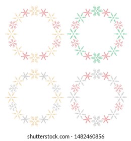 Set of 4 round winter frames with snowflakes, New year and Christmas festive borders. Vector illustration.  