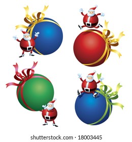 A set of 4 roundish Santa Claus with 4 roundish present.