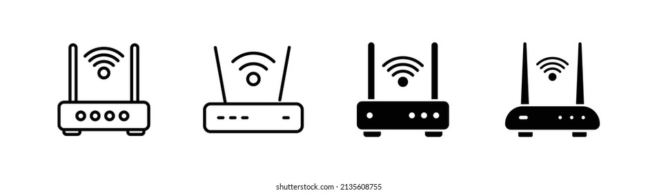 Set of 4 router or modem icon, outlined editable stroke and flat glyph style, clipart design template