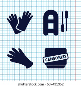 Set of 4 rubber filled icons such as gloves, censored