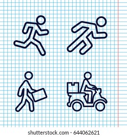Set of 4 runner outline icons such as courier, courier on motorcycle, running