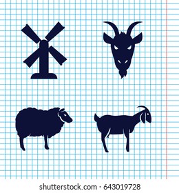 Set of 4 rural filled icons such as sheep, goat