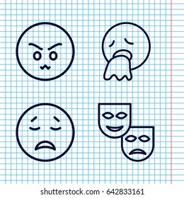 Set of 4 sad outline icons such as crying emot, angry emot, vomiting emot