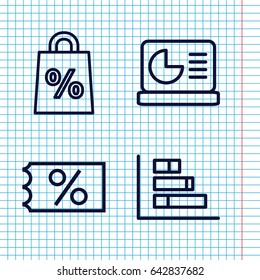 Set of 4 sales outline icons such as chart on display, ticket on sale, graph