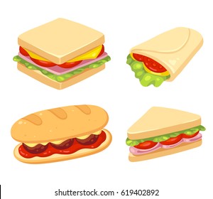 Set of 4 sandwiches. Meatball sub, wrap and traditional ham and cheese on toast. Vector clip art illustration set.