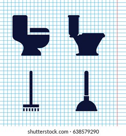Set of 4 sanitary filled icons such as plunger, broom