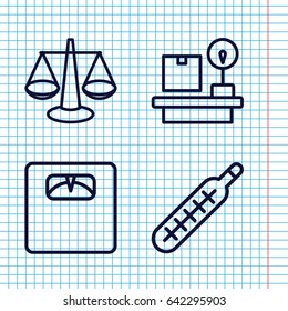 Set of 4 scale outline icons such as floor scales, lugagge weight, thermometer