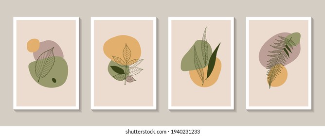Set of 4 Scandinavian Boho style wall arts. Modern abstract paintings with leaves in a natural color palette. Plant designs for wall decor, postcards, covers. Stock vector illustration.