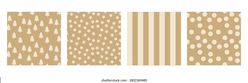 Set of 4 scandinavian kraft background: christmas trees, stars, stripes, dots. Vector seamless patterns. Perfect for xmas and new year invitation, greeting cards, textile, wrapping paper, stationery