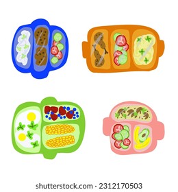 set of 4 school lunches in plastic containers. Vector illustration in children's doodle style