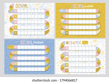 Set of 4 School timetables. Timetable of lessons for students with snake. Children flat hand drawn doodle design.