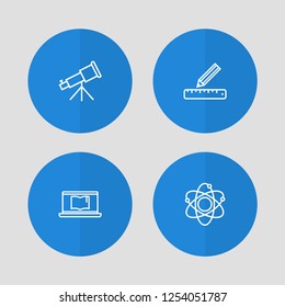 Set of 4 science icons line style set. Collection of molecule, binoculars, pencil and other elements.