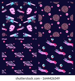 Conjunto de 4 patrones de ciencia ficción, cósmicos, vectores del espacio exterior sin fisuras con máscaras monstruosas, manos y ojos sangrientos, planetas, armas. Papeles vectoriales. Fondo azul oscuro.	