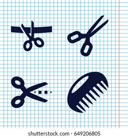 Set of 4 scissor filled icons such as comb, scissors and ribbon