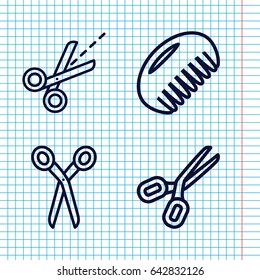 Set of 4 scissor outline icons such as comb, barber scissors