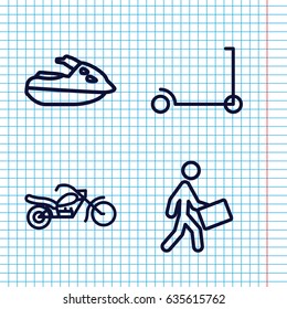Set of 4 scooter outline icons such as kick scooter, courier, motorcycle