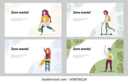 A set of 4 screens with flat illustrations. Collection of flat illustrations with the text "Zero waste".