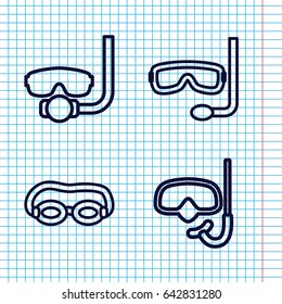 Set of 4 scuba outline icons such as aqualung, snorkel, swimming glasses