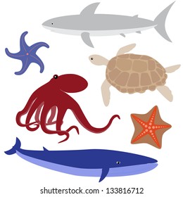 Set 4 of sea life: octopus, shark, whale, turtle, starfish