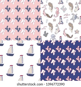 Set of 4 sea seamless vector pattern. Corals, yachting, sea animals. Textile, fabric, print. Sea collection. 
