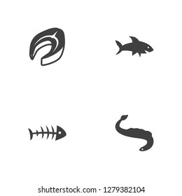 Set of 4 seafood icons set. Collection of steak, bone, fish and other elements.