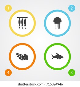 Set Of 4 Seafood Icons Set.Collection Of Shark, Medusa, Sink And Other Elements.