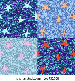 Set of 4 seamless abstract hand-drawn patterns, waves background. Seamless pattern can be used for wallpaper, pattern fills, web page background,surface textures. Gorgeous seamless background