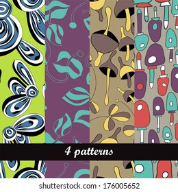 Set of 4 seamless abstract objects vector patterns.Colorful foliage, feathers and tails continuous seamless pattern. Stylish bright shades different colors. 