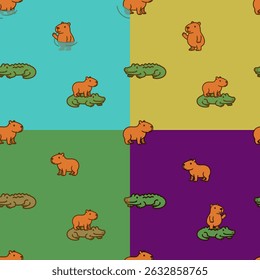 Set of 4 seamless animal patterns featuring capybaras and crocodiles in different habitats: water, desert, meadow, and night. Cute, quirky, and perfect for kids.