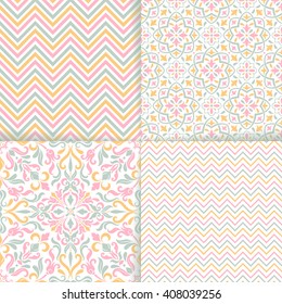 Set of 4 seamless background of green and pink color in the style of Damascus 