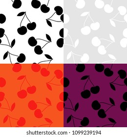 Set of 4 seamless backgrounds with cherries. Cherry is black and white and colored. Summer garden. Cherry jam. Vector illustration. Textile rapport.