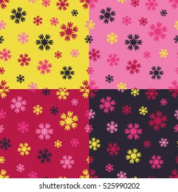 Set of 4 seamless backgrounds with snowflakes. Winter. Print. Repeating background. Cloth design, wallpaper.