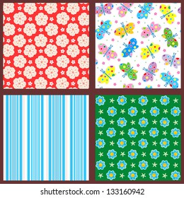 Set of 4 seamless backgrounds or wallpapers with floral, butterflies and striped patterns ( for high res JPEG or TIFF see image 133160945 )