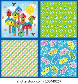 Set of 4 seamless backgrounds or wallpapers with floral, butterflies, birdhouses and geometric patterns ( for high res JPEG or TIFF see image 133075694 )