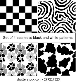 Set of 4 seamless black and white vector patterns. Abstract monochrome backgrounds. Backgrounds & textures shop.