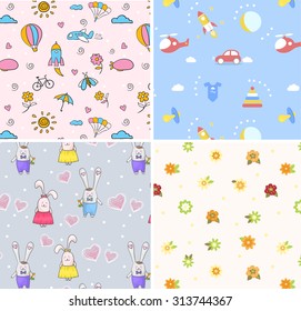 Set of 4 seamless cartoon pattern for children. Kids background. Cute seamless pattern.