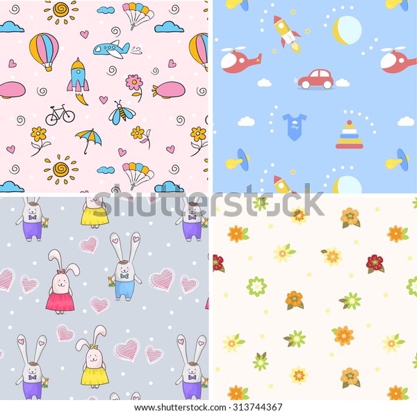 Set of 4 seamless cartoon pattern for\
children. Kids background. Cute seamless\
pattern.