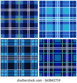 Set of 4 seamless checkered vector patterns. Blue and black tartans with white and yellow stripes. Retro textile collection. Backgrounds & textures shop. 