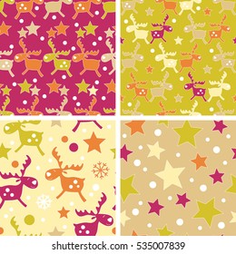 Set of 4 seamless Christmas backgrounds with doodle deers and stars. Print. Repeating background. Cloth design, wallpaper.