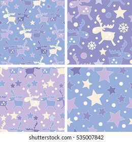 Set of 4 seamless Christmas backgrounds with doodle deers and stars. Print. Repeating background. Cloth design, wallpaper.