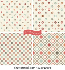 set of 4 seamless colorful polka dots pattern on texture background