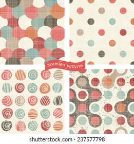 set of 4 seamless colorful polka dots pattern on texture background 