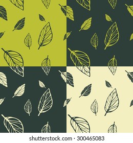 Set of 4 seamless decorative template texture with green and beige leaves. Seamless stylized leaf pattern.