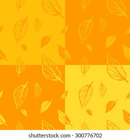 Set of 4 seamless decorative template texture with green and beige leaves. Seamless stylized leaf pattern.