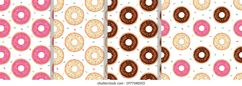 Set of 4 seamless donut patterns. Pink, chocolate, creamy glaze. Vector illustration.