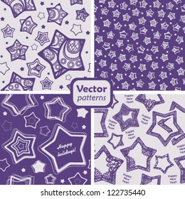 Set of 4 seamless festive patterns. Vector backgrounds with decorated stars.