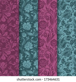 Set of 4 seamless floral pattern. Decorative flowers on a background. In vintage style. EPS10.